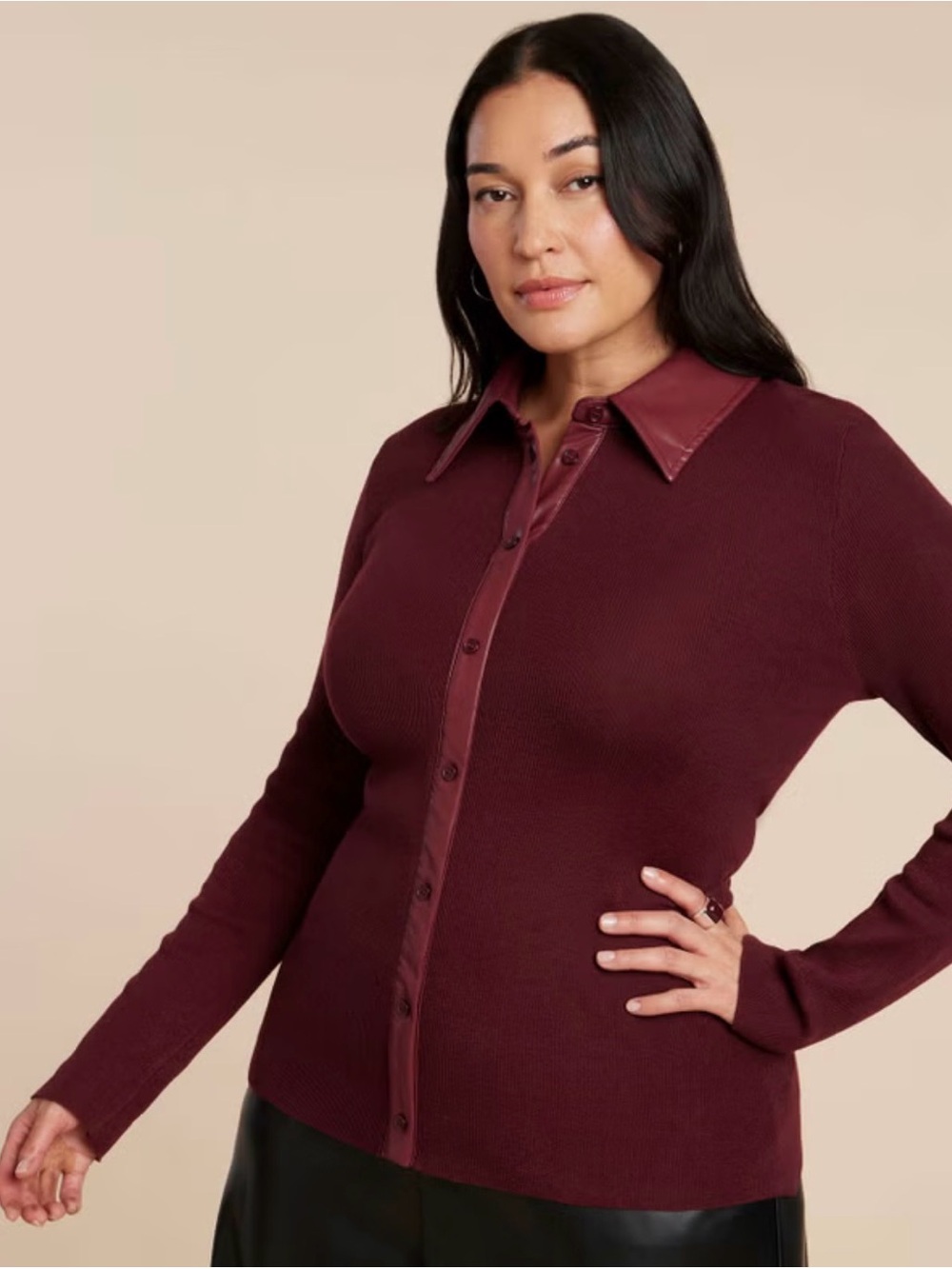 ELOQUII Maroon Faux Leather Detail Sweater 22/24